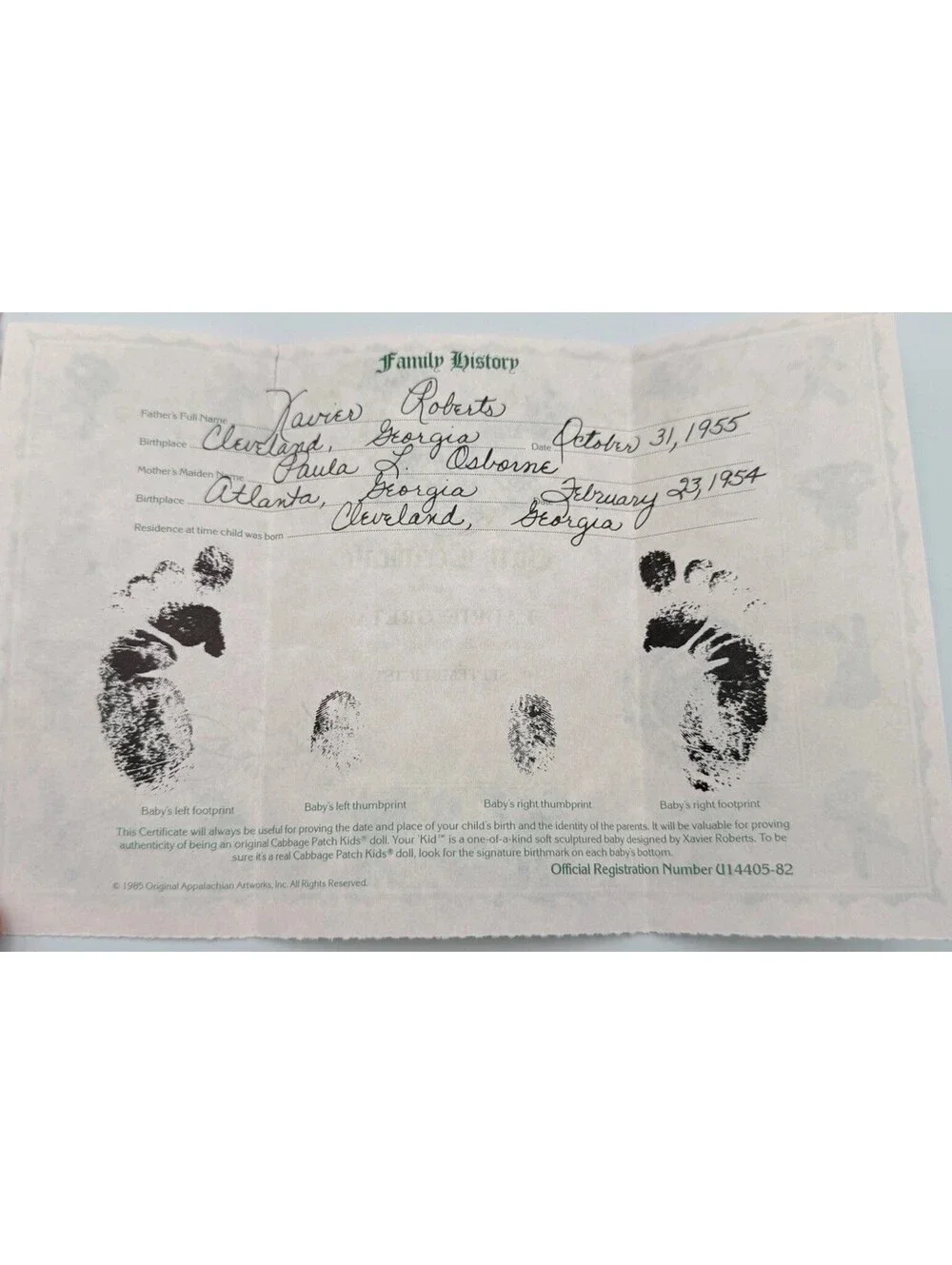 VTG 1982 Cabbage Patch Kids Doll Redhead Green Eyes Laurie Greta OK Birth Cert
